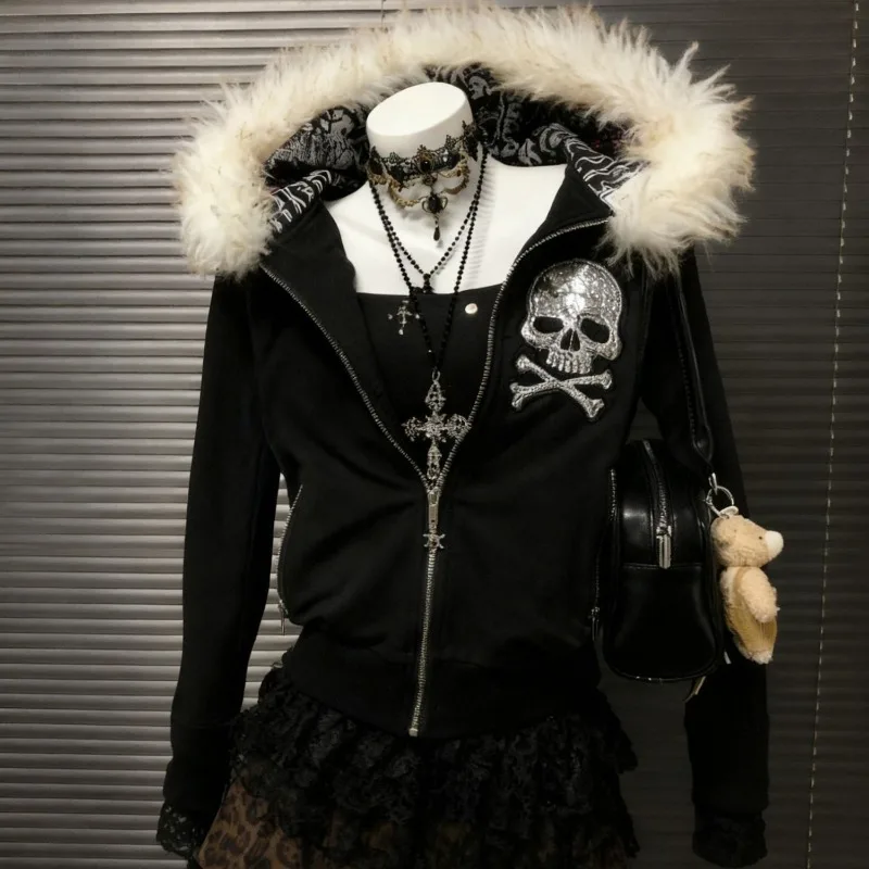 Women Gothic Subculture Skull Embroidery Hooded Coat Winter Japanese Vintage Faux Fur Slim Jacket Grunge Punk Fashion Hoodies