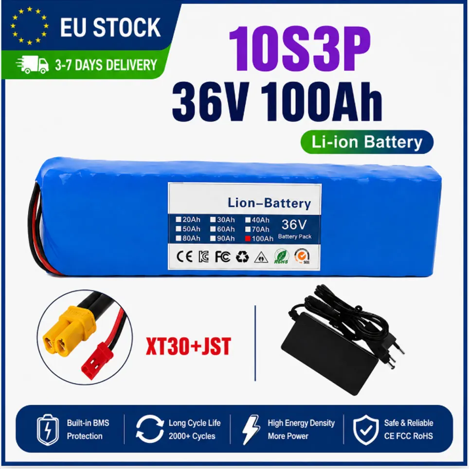 10S3P 36V 100Ah 18650 Lithium-Akku-Pack XT30-JST-Stecker 1000W mit eingebautem BMS Ersatzakku für E-Bike, modifiziertes Fahrrad, Elektroroller, Elektrofahrzeug, Lager in Polen, EU-Lokalbestand,