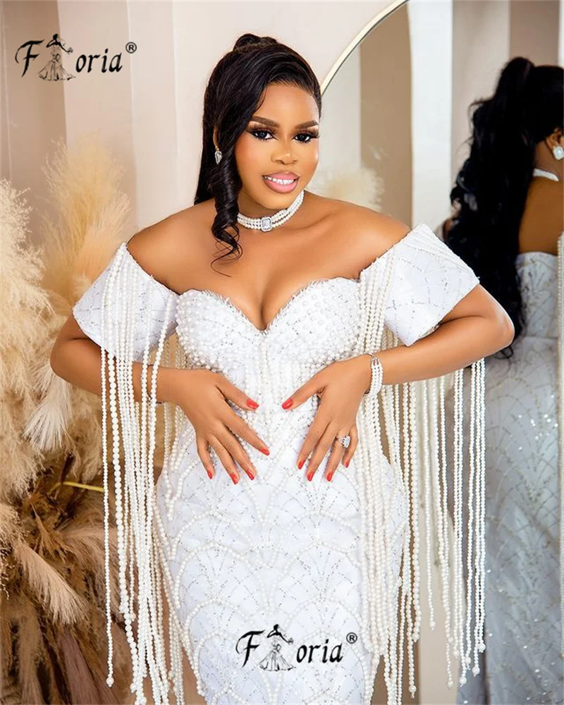 Elegant Major Pearls Beaded Dubai Mermaid Evening Dress Ivory Off Shoulder Tassels Aso Ebi Woman Prom Party Dress Robe De Soiree