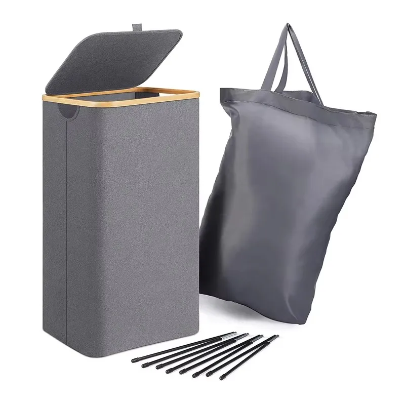 Laundry Basket with Lid and Removable Bag, 100L Tall Laundry Hamper with Bamboo Handles, Dirty Clothes Bin for Laundry Room