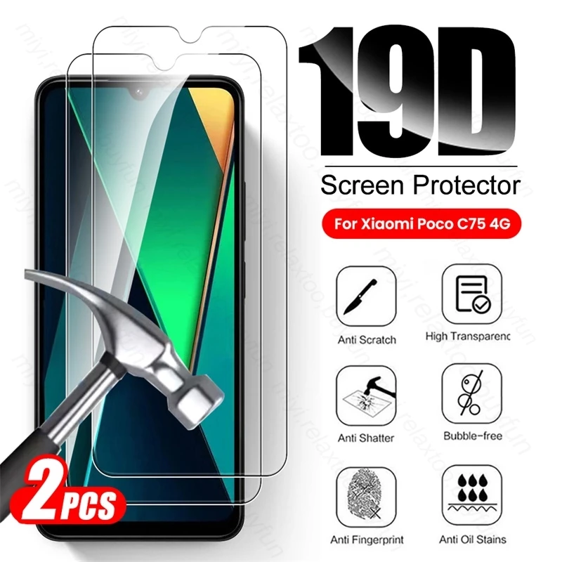 2Pcs 19D Tempered Glass Case for Xiaomi PocoC75 Poco C75 4G 2024 Protective Glass on Poko Little C 75 75C Screen Protector Cover