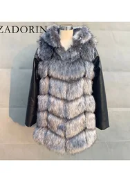 ZADORIN Fashion Winter Fur Coats Women Leather Removable Sleeve Faux Fur Jacket With Hooded Female Front Zipper Faux Fur Coat