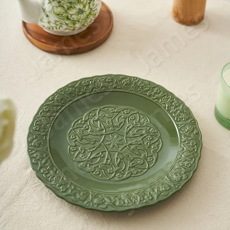 Retro Style Ceramic Plates Dinner Plate Creative Dishes Dark Green Relief Tableware Steak Dishes Nordic Style Household Use