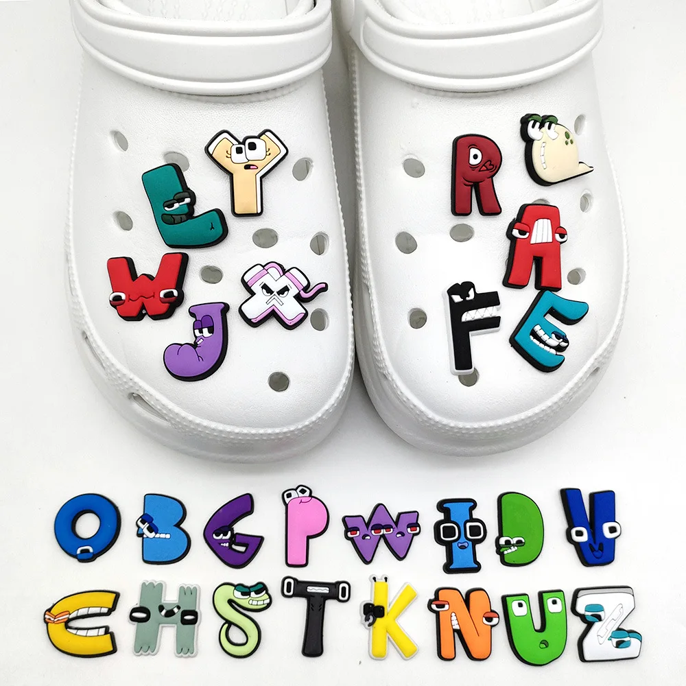 26Pcs English Letters Legend Shoe Charms For Clogs Bubble Slides Sandals PVC Shoe Decorations Buckle Accessories For Kids Gifts