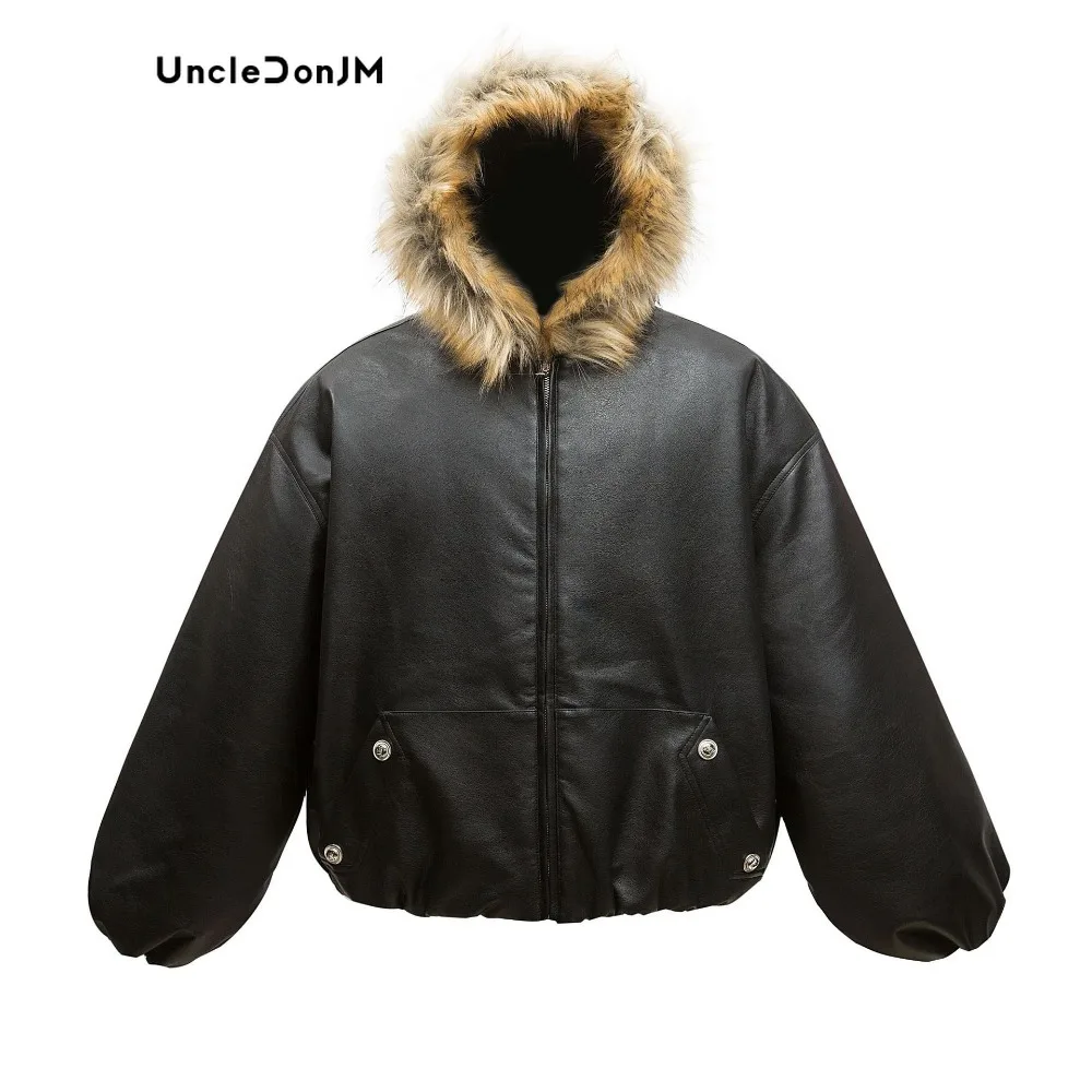 Uncledonjm Fur Collar Hooded Leather Puffer Jacket High Quality Men\'s American High Street Warm Short Zip Up Coat