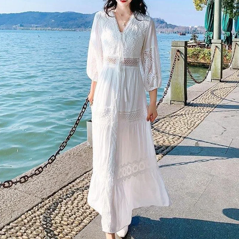 Biała Damska Letnia Długa Sukienka Codzienna Boho Koronkowa Sukienka Maxi Damska Plażowa Sukienka Wakacyjna Elegancka Vintage Sukienka na Imprezę Vestidos