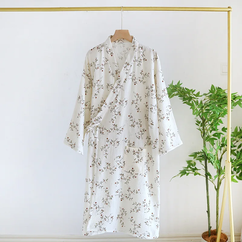 Spring and summer new Japanese kimono robe 100% cotton crepe ladies bathrobe thin soft comfortable nightgown home pajamas women