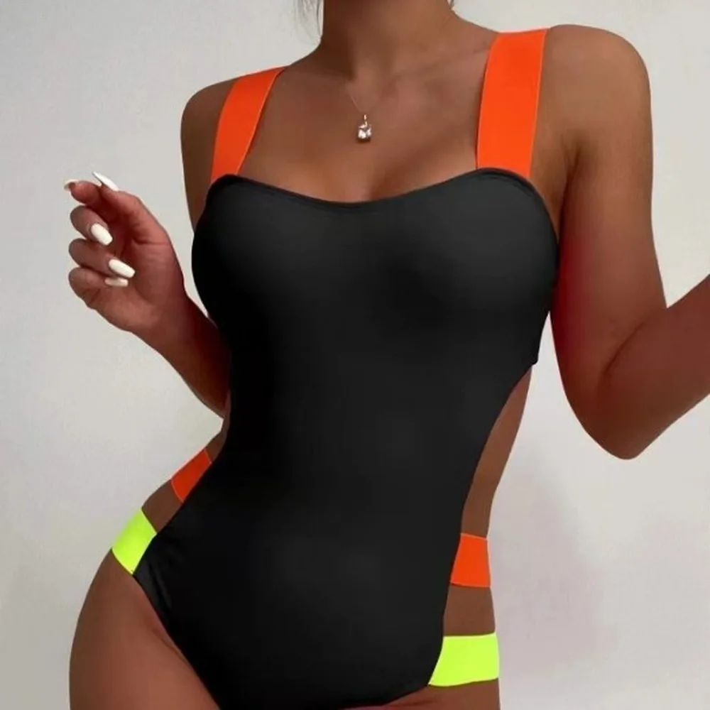 Colorful Y2K Contrast Strap One-Piece Swimsuit Women Backless Cutout Slimming Contrast Monokini Beachwear Tankini Swimsuits Wome
