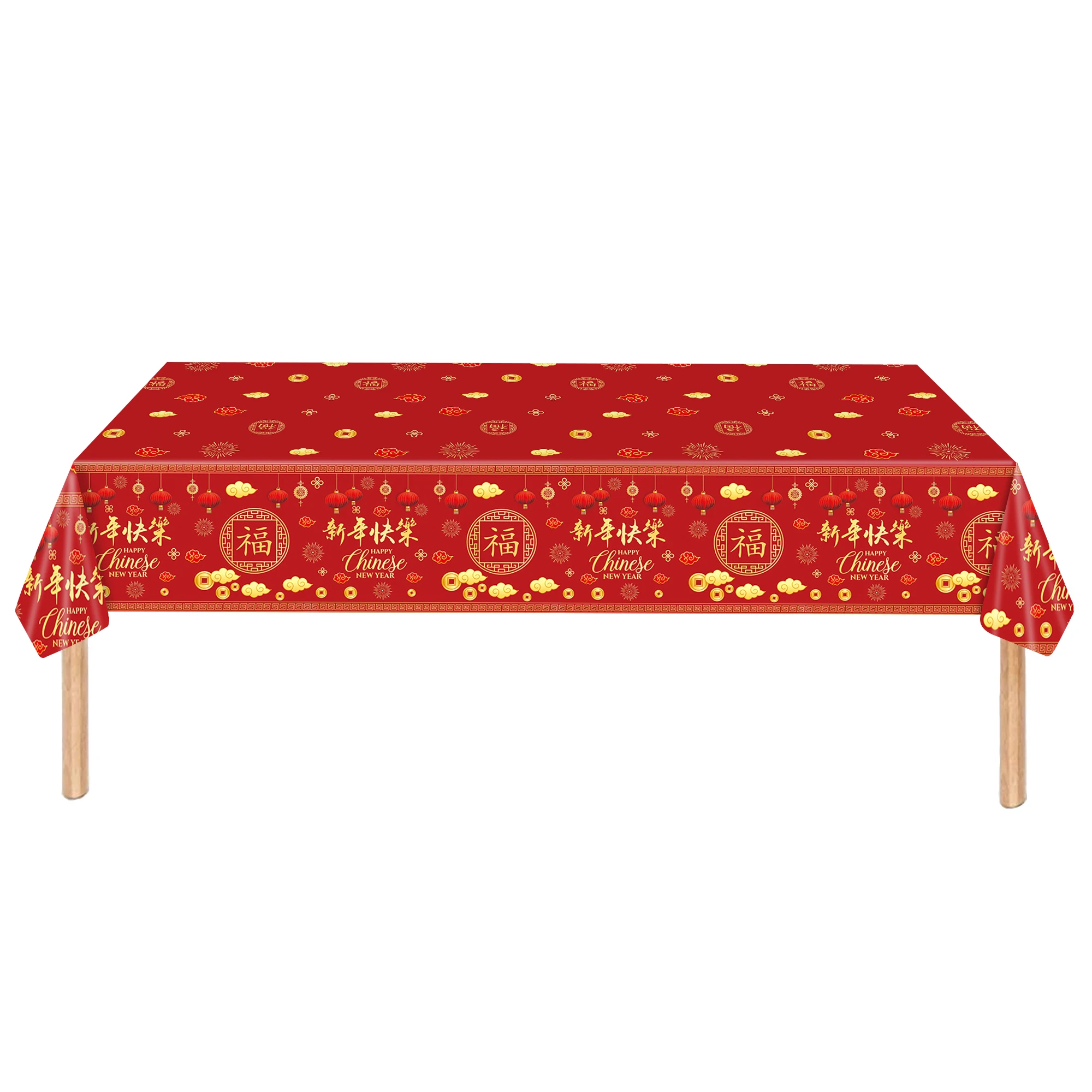2025 Chinese New Year Tablecloth Disposable Red Plastic Table Cover with Lantern Firework for Lunar Spring Festival Party decorr