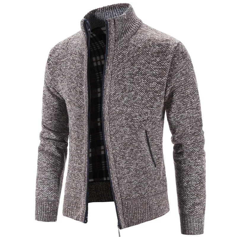 Fashion Men\'s Knitted Cardigan Winter Fleece Coat Solid Color Stand Collar Winter Warm Sweater Jacket 4XL 8 Colors