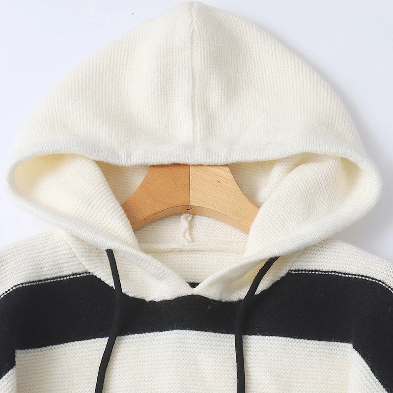 Thiened Maglione lavorato a maglia a righe con cappuccio in lana Faionable Autunno Inverno Donna Lungo Sve Cappello a cilindro caldo Design 02072