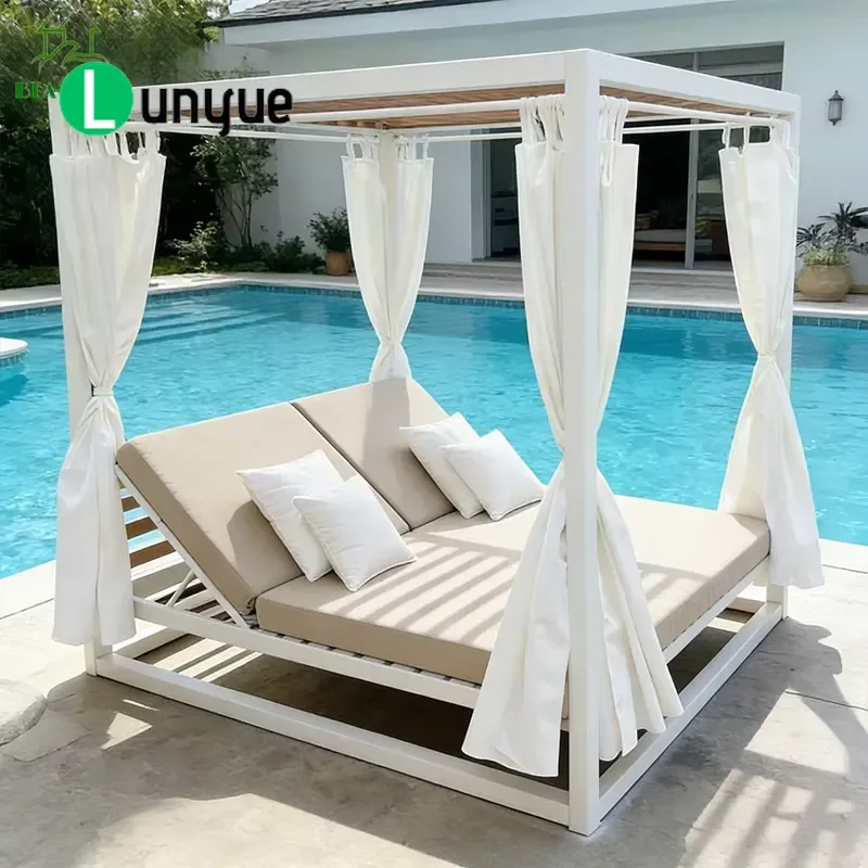 Waterproof Aluminum Wicker Outdoor Sun Lounger with Canopy Patio Garden Bed Furniture Durable Rattan Chaise Lounge