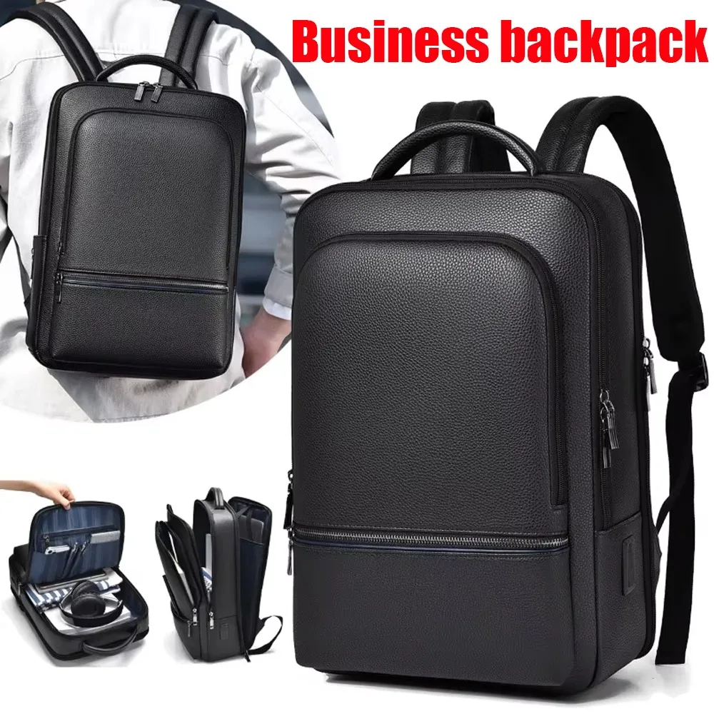 حقيبة ظهر رجالية من جلد البولي يوريثان بشحن USB حقيبة تنفيذية عصرية للمكتب والسفر والكمبيوتر المحمول والمكتب والأعمال حقيبة ظهر كاجوال