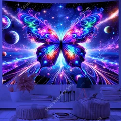 Butterfly Flower UV Reactive Tapestry Wall Hanging Hippie Boho Room Decor Aesthetic Psychedelic Home Dorm Wall Decor Party Decor