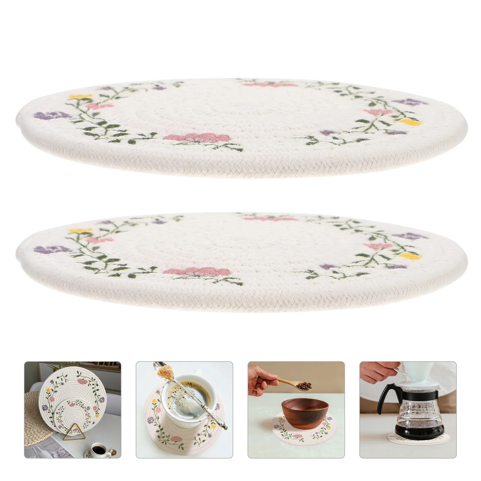 

2Pcs Heat-Resistant Round Placemat Floral Pattern Decorative Pot Pads Dining Table Insulation Cushion Skid-Proof Cotton