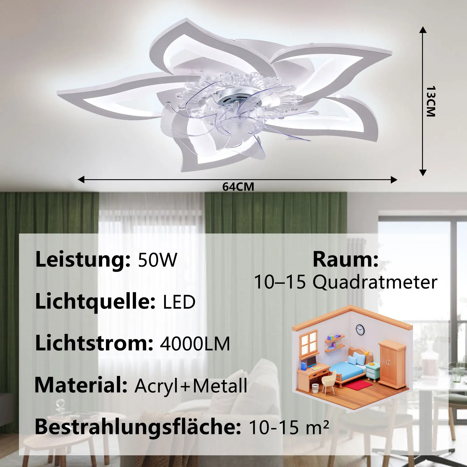 LED Leise Deckenventilator mit Beleuchtung, 50W Deckenventilator mit Licht Dimmbare Lampe mit Ventilator Wohnzimmer Küche 64cm – Detail 6