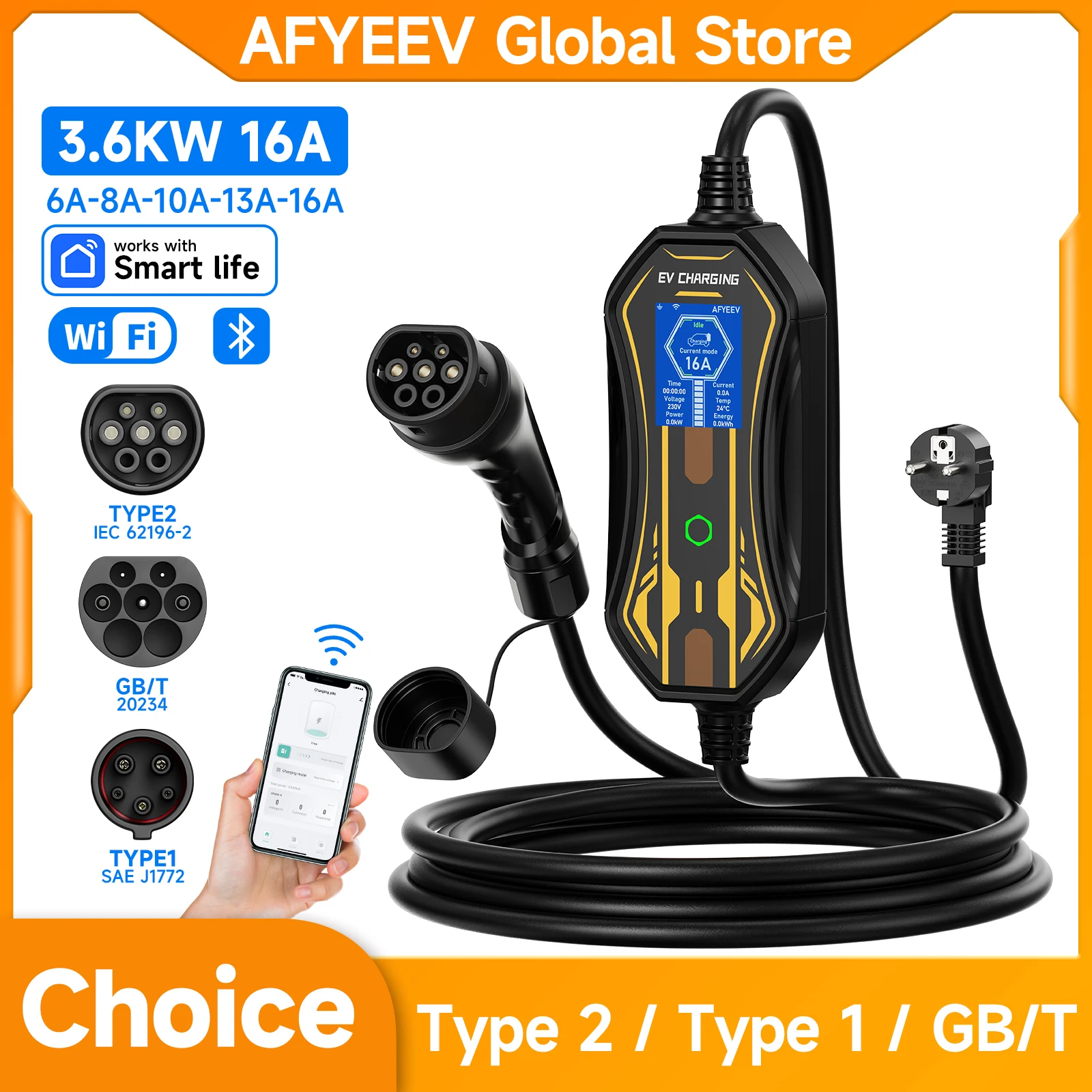 AFYEEV 3600W Portable Type2 IEC62196-2 EV Charger Type1 SAE J1772 Electric Car Charger GBT EVSE Charging Cable Wallbox EU Plug