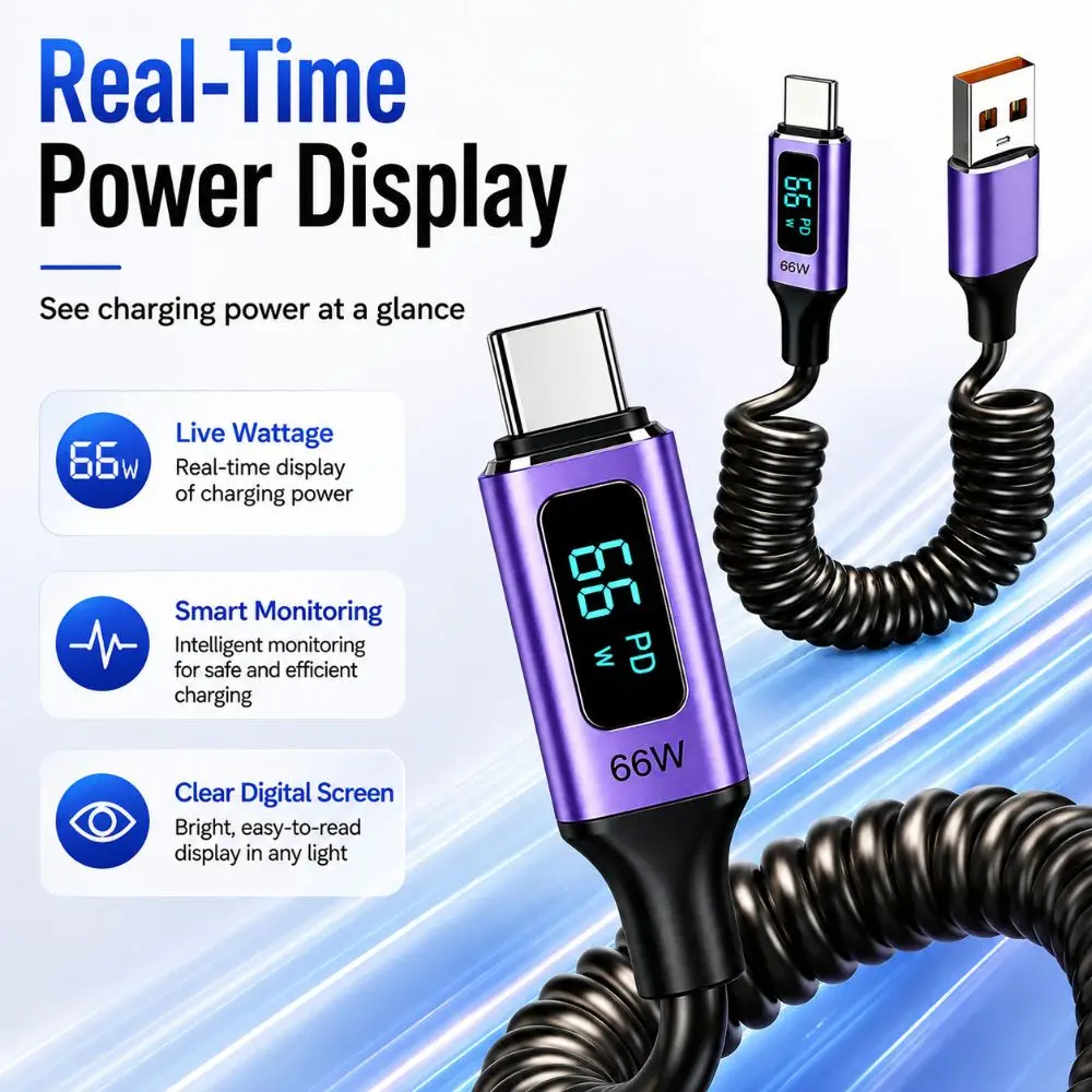 66W USB-A to USB-C Cable Real-Time Display 3A Coiled Charging Cord Aluminum Alloy 480Mbps Digital Display Line