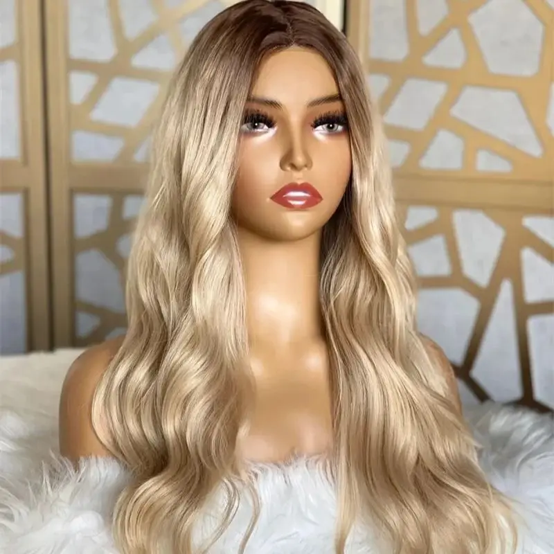 High Density Ombre Blonde Brown Lace Front Soft Barrel Synthetic Wig HD Invisible Lace Front Wig 13x4 Free Part Natural Looking