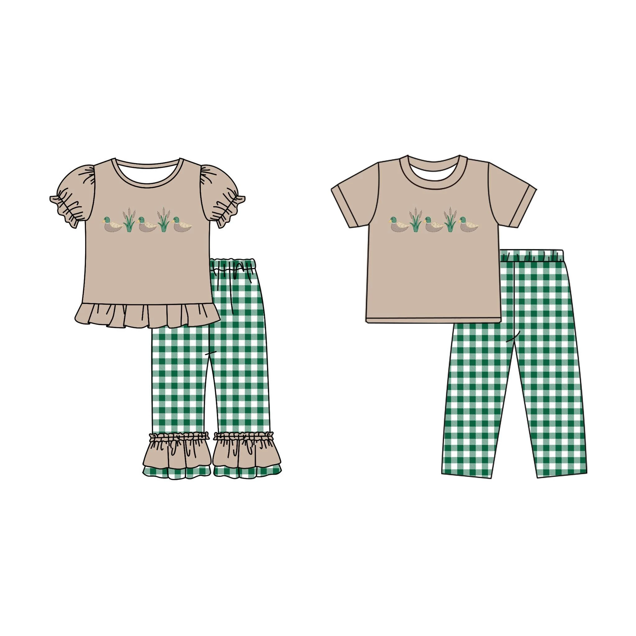 

Kids Green Plaid Pant Short Sleeve Top Set - Girls Boys Mallard Children Clothing Outfit
