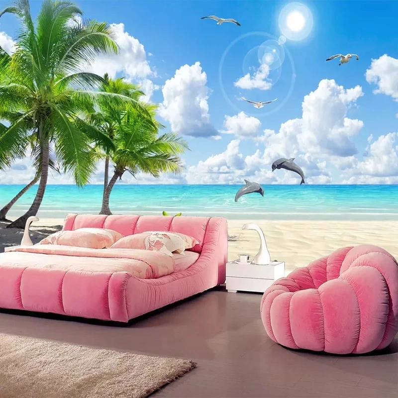 Custom 3D Mural Self Adhesive Wallpaper Bedroom Coconut Tree Beach Dolphin Landscape Living room sofa TV background restaurant