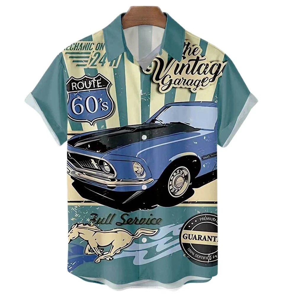 Camisa de manga curta havaiana masculina, Route 66 Street, camiseta clássica impressa em 3D, lapela de música rock, top masculino, roupas vintage, plus size, nova