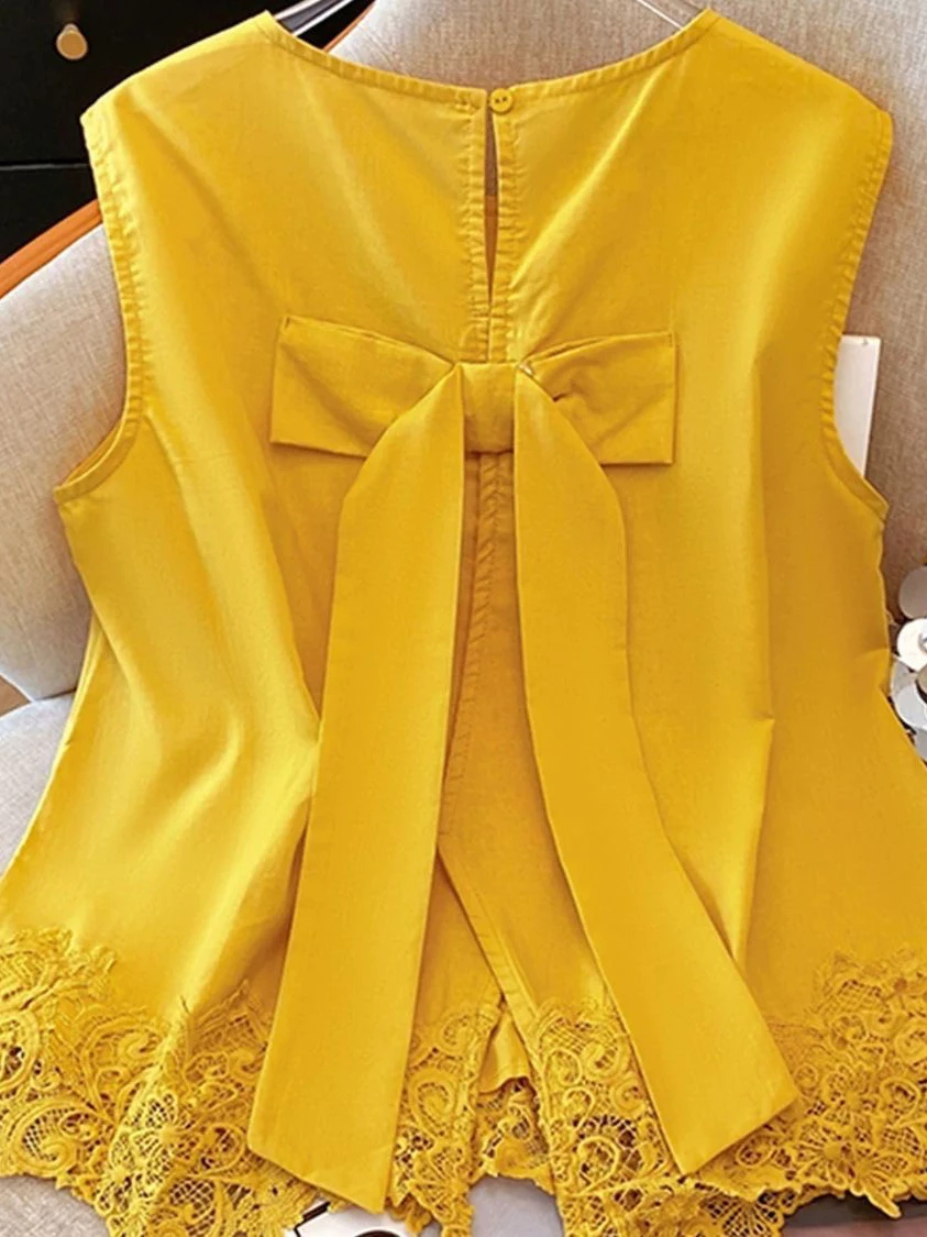 

Casual Lace Patchwork Svel round Ne irt Women's Summer 2025 New Sle Versatile Lazy Faion Small ence Top