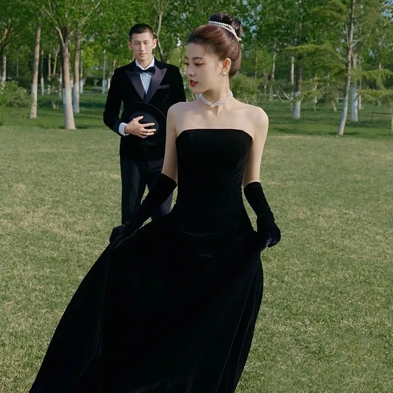 

Retro Black Wedding Dress for Brides High Waist Mesh Fabric Court Art Photo Shoot Hong Kong Style Long Skirt Women's Fashion