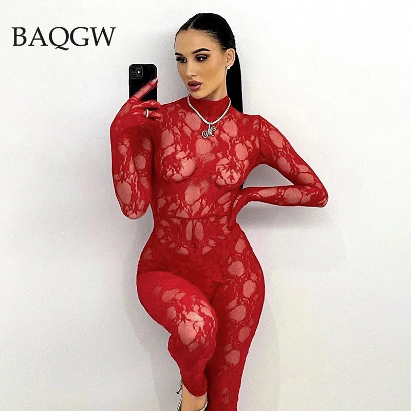 Mesh Sheer Hollow Out Long Sleeve Sexy See Through Skinny Exotic Jumpsuit Bodycon Summer Women Outfit Night Party with Gloves