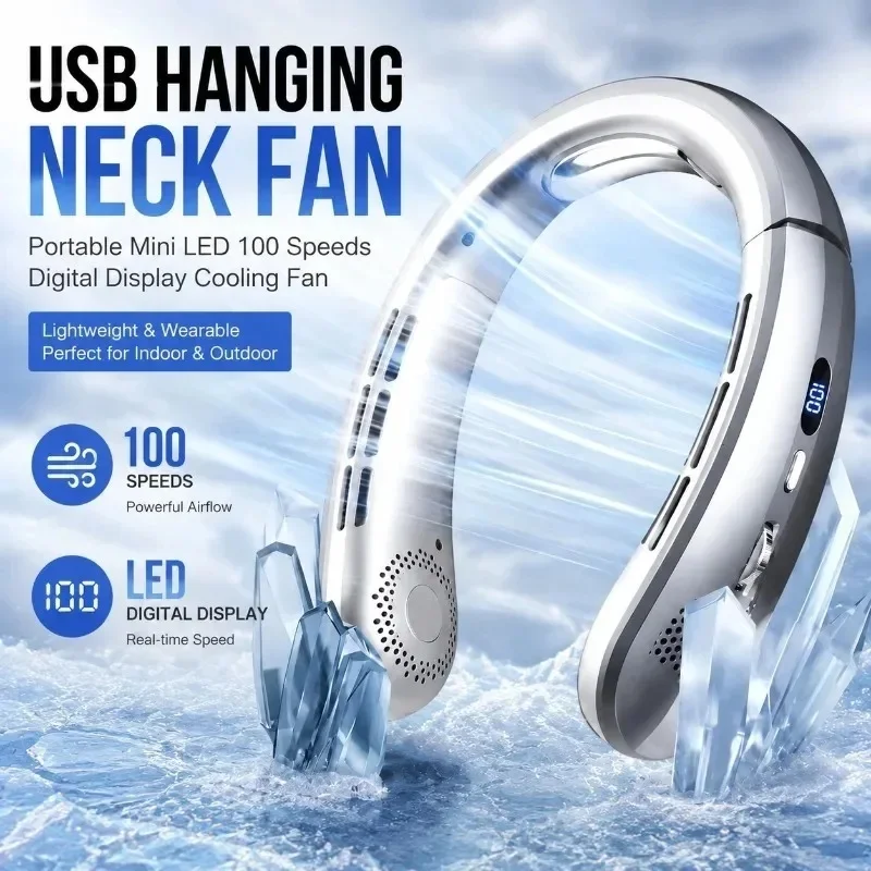 USB Hanging Neck Fan Portable Mini  LED 100Speeds Digital Display Cooling Fan  Lightweight Wearable Fan for Indoor Outdoor