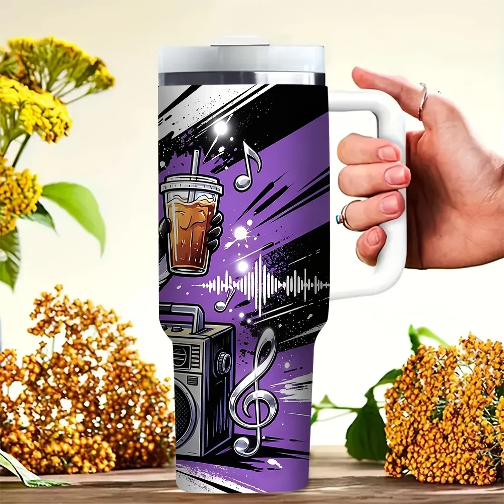 40oz Tumbler with Handle, Printed with Cool Music Penguin and Floral Pattern, Suitable for All Kinds of People, Fits Both Hot and Cold Drinks, Ideal for Daily Use, Travel, Outdoor Camping and Picnic Activities