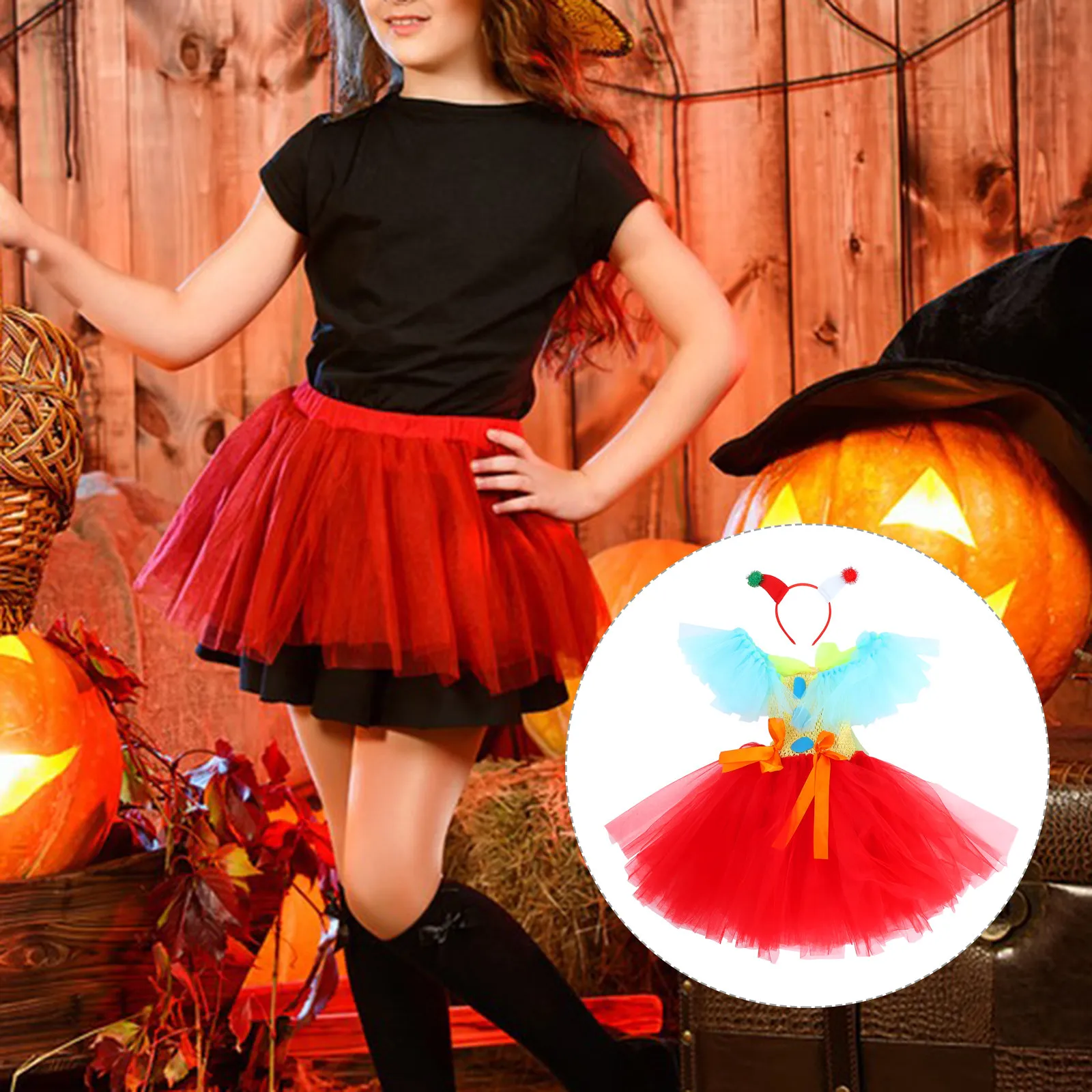 1Set Girls Clown Costume Tutu Skirt Set Circus Princess Design Bright Colors Comfortable Mesh Fabric Matching Headband Carnival