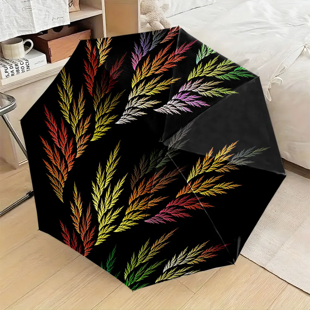 Colorful Feather Pattern on Black Umbrella Design Compact Fashion Folding Umbrella for Daily Use, Christmas Gift