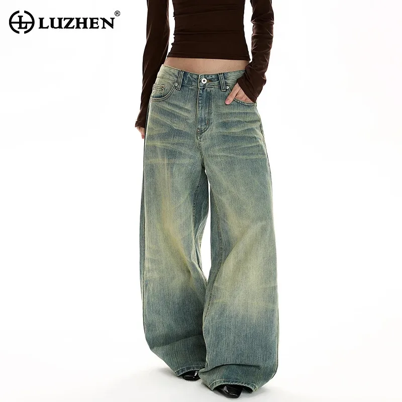 

LUZHEN 2026 Stylish Vintage Style Gradient Washed Straight Women's Denim Pants Men's Handsome Baggy Wide Leg Casual Jeans JY6199