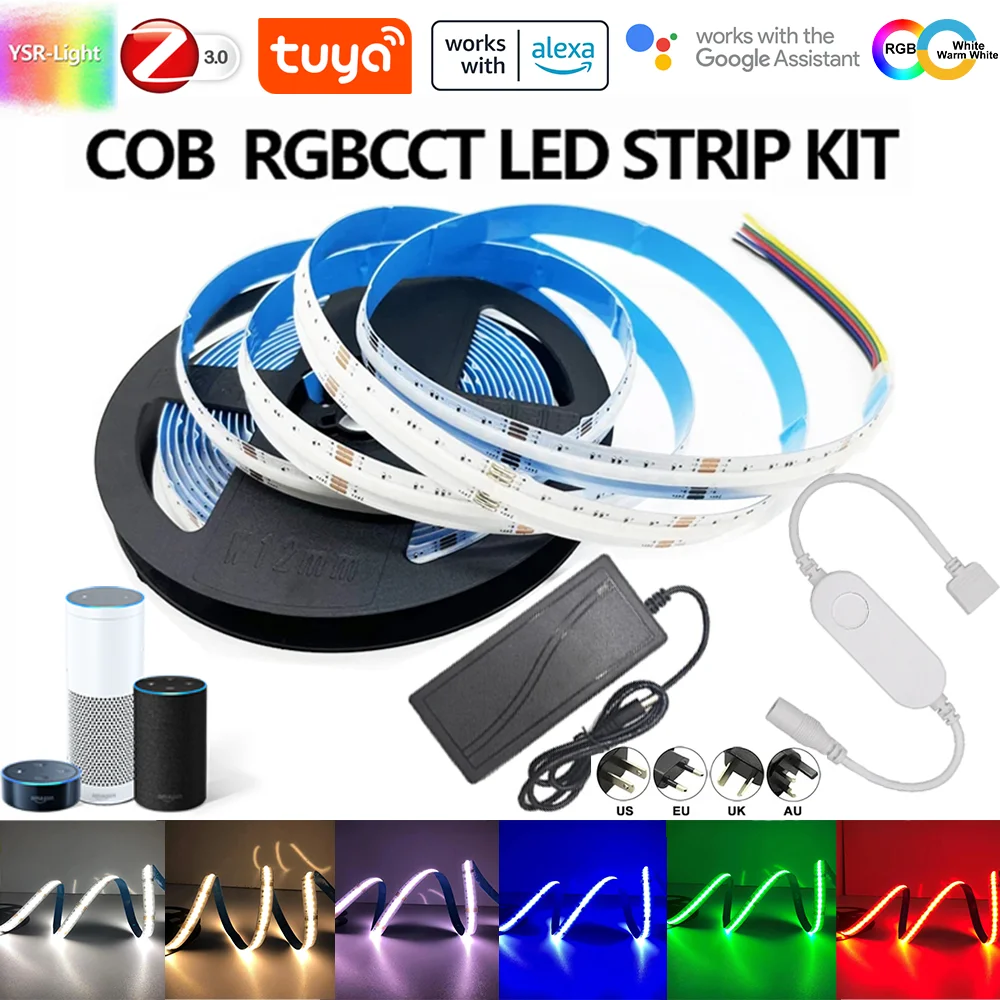 Tuya Zigbee COB LED Light Strip 1M-5M DC24V RGBCCT 840LEDs/m High Density FOB COB RA90 Linear Dimmable Led Light for Smartthings