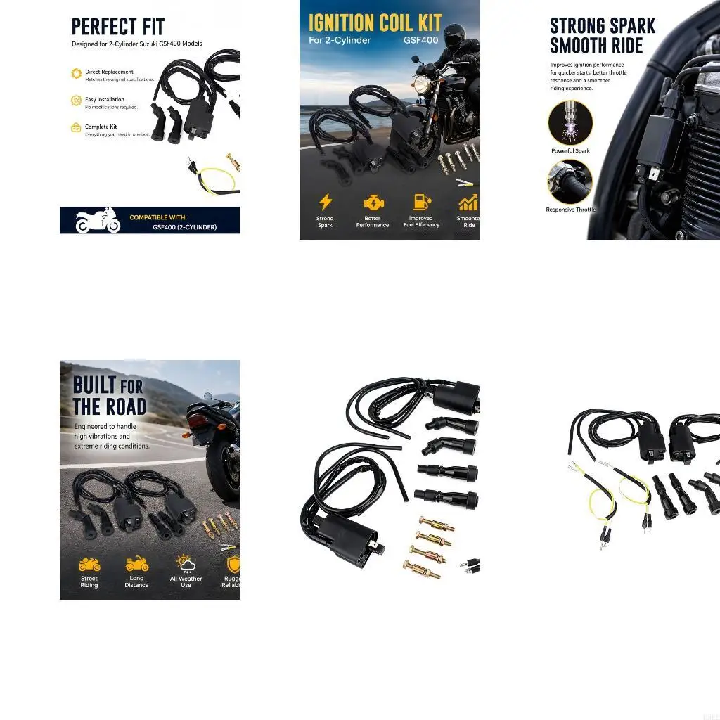 Motorcycle Coil Replacement Set with 2 Units, 4 Plug Wires and Mounting Hardware for GSF400 Routine Service and Garage
