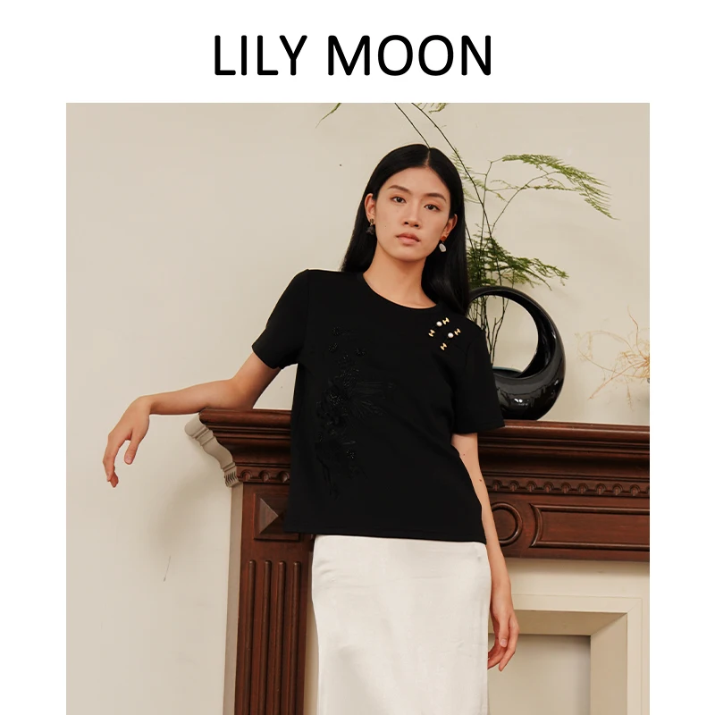 LILYMOON Summer Fashion Women's Heavy Embroidery Modern Chinese Plate Button Casual Simple Peplum Round Neck T-shirt LM1239