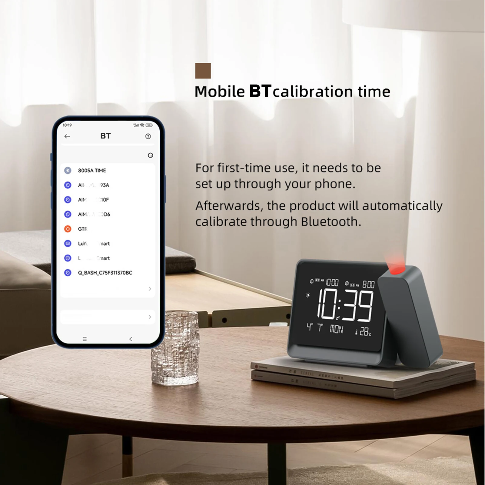Smart Projection Alarm Clock Adjustable Focus Tool with BT Auto-Time Sync Dual Alarms Snooze Temperature/Date/Week/Time Display