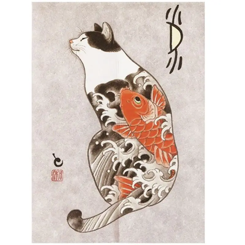 VIKAMA Japanese Ukiyo E Tattoo Cat Door Curtain Grey Background Kitten Ink Sake Sashimi Calligraphy Seal Yakuza Art Linen Noren