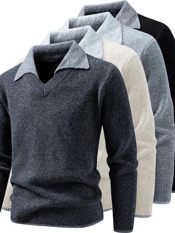 

Мужской трикотажный свитер с длинным рукавом и отложным воротником, приталенный, из полиэстера, для повседневной носки