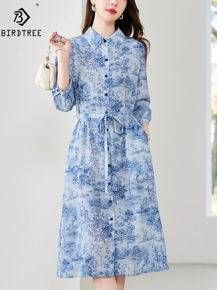 

BirdTree, 17MM 100%Real Silk Elegant Dress, Women Long Sleeve Ink Printed, Fashion Office Dresses, 2024 Summer Autumn D46735QM