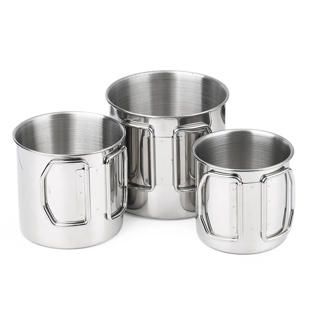 

Stainless Steel Camping Mug with Foldable Handle Portable Outdoor Picnic Tableware Cooking Cookware Water Cup 260 ml 350 ml 600m