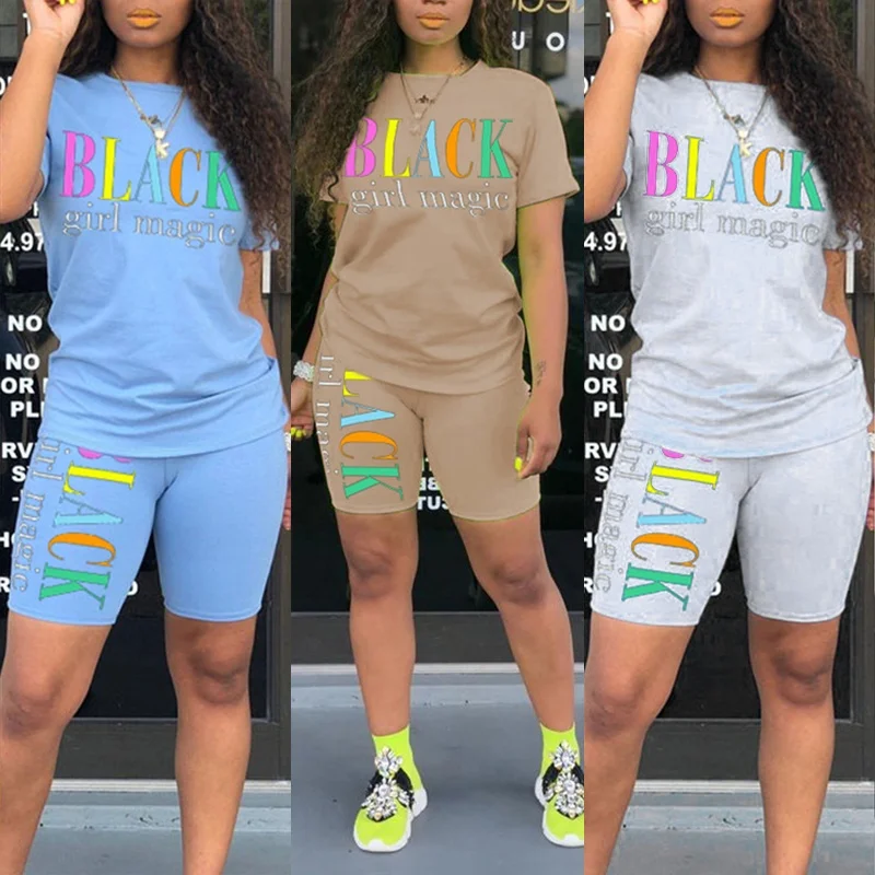 Women Ladies Summer Fashion Black Girl Magic Printed Casual Shorts and T-shirts Two-piece Set Sportwear