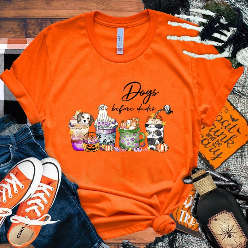 

New Halloween Dogs Coffee Before Dudes Graphic Print Shirt Tees Summer T-Shirt Short Sleeve Fashion Personality Streetwear Tops