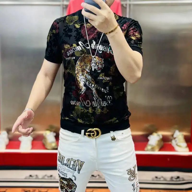 Sequins Flocking Elastic T Shirt For Men Slim Fit Short Sleeve Summer Quality Soft Comfortable Hollow Casual Easy Care Camisetas