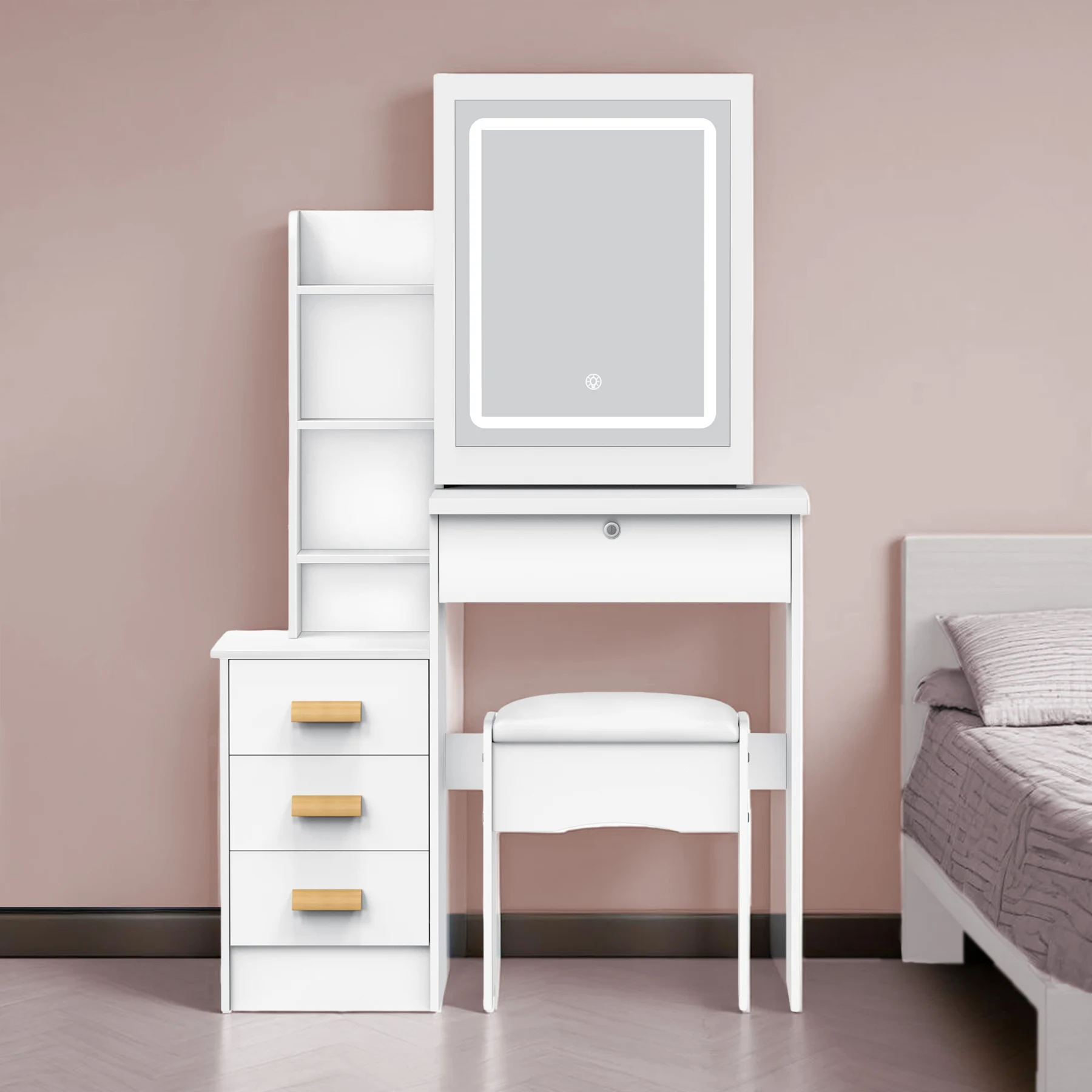 Mini tocador blanco minimalista moderno de tamaño pequeño con espejo deslizante, 4 cajones espaciosos, estantes de almacenamiento abiertos y ocultos