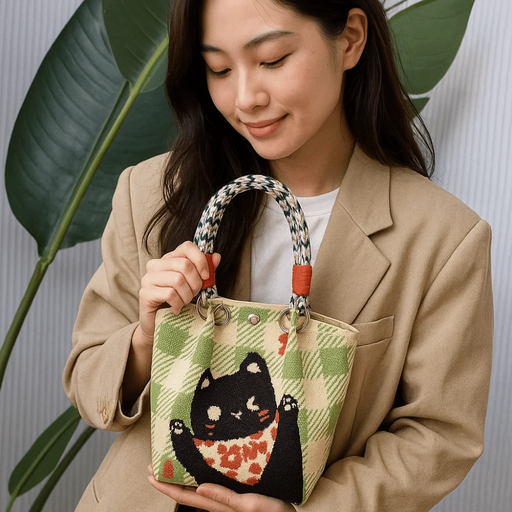 

Portable Cat Knitted Tote Bag Bear Printed Cartoon Knitted Handbag Weave Purse Wool Bucket Bag Girl