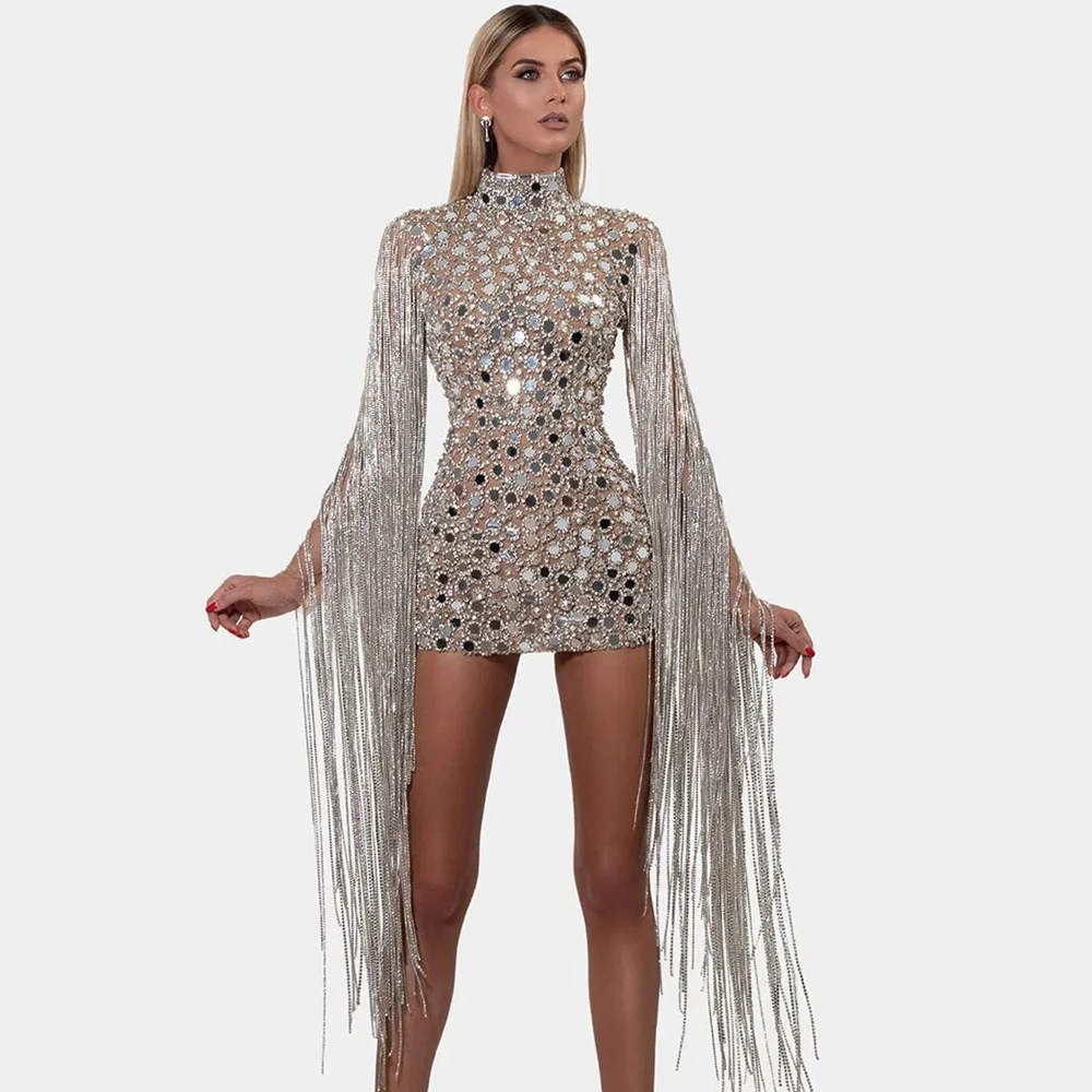 

Sparkly Sequined Crystals Tassel Sleeve Short Dress Women Birthday Celebrate Party Dress Mesh Transparent Sexy Stage Show Wear