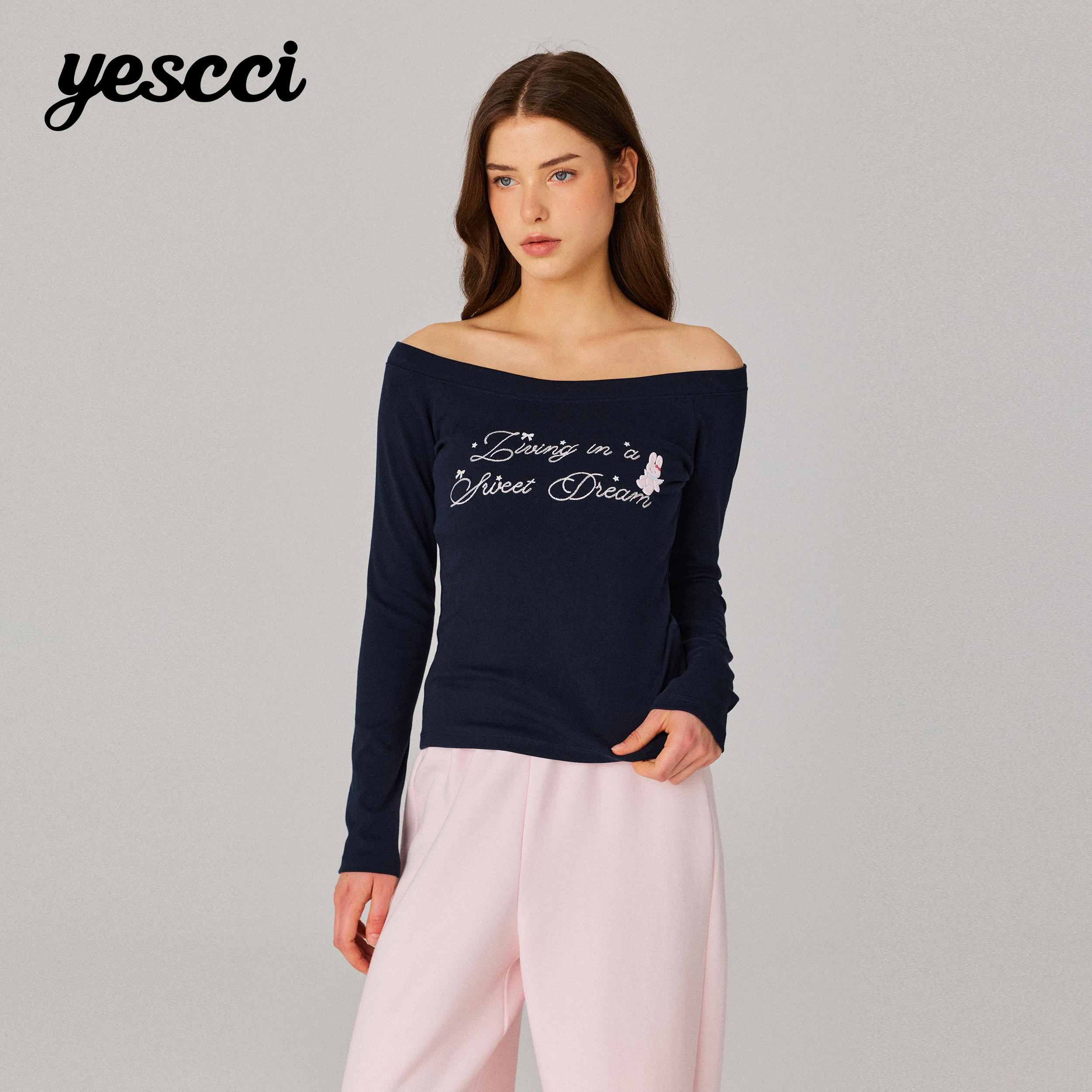 YESCCI Women's Long Sleeve Top Autumn New Off Shoulder Print Skin-friendly Tee Shirt Versatile Casual Woman Clothing Y216081184