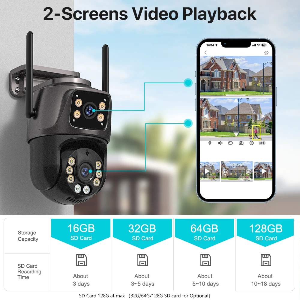 מצלמת PTZ חיצונית 4K 8MP HD Wifi עם מסך כפול 4MP ועדשה כפולה, מעקב אוטומטי AI IP Camera CCTV Audio Video Surveillance P2P iCSee